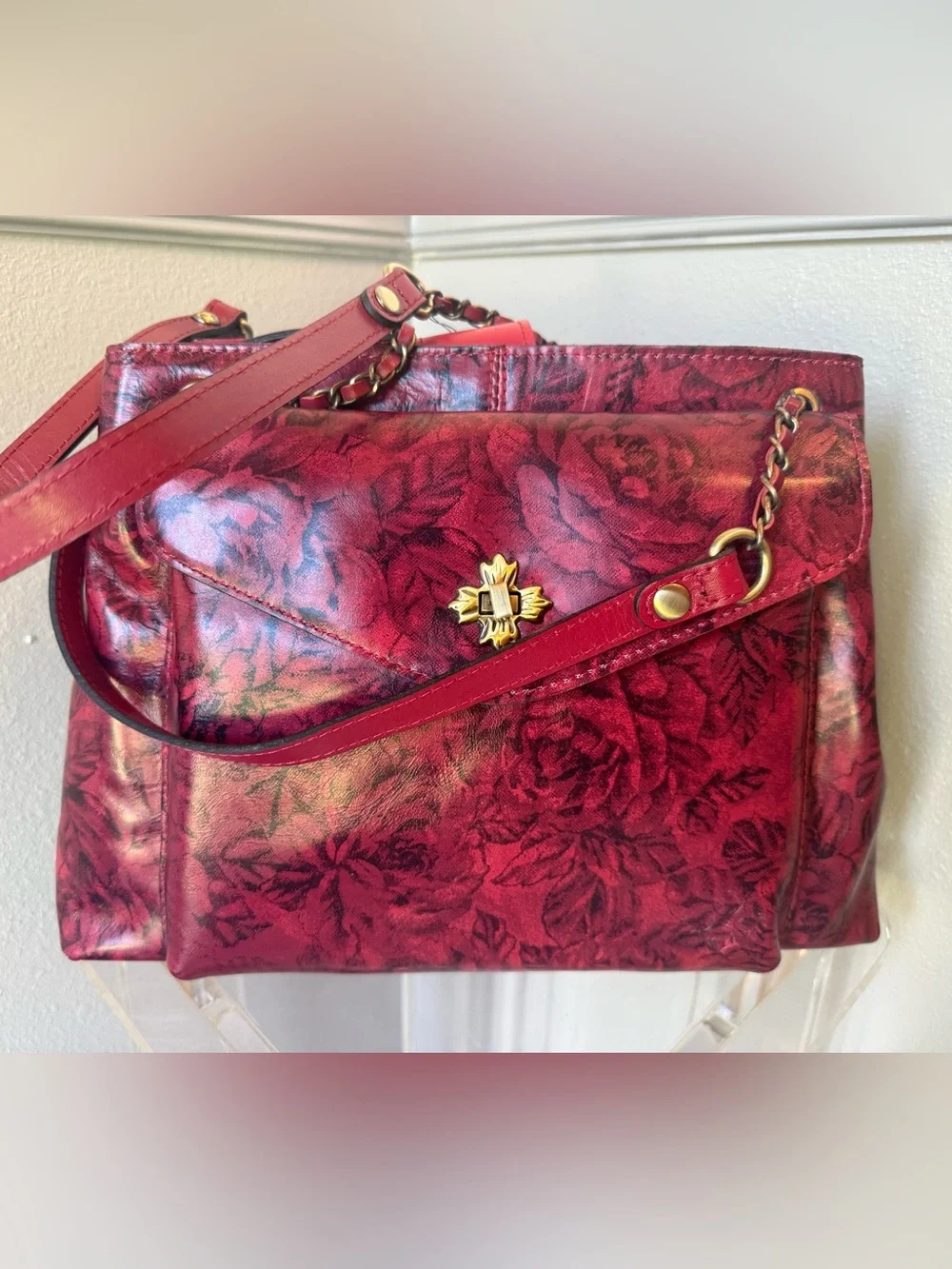 Patricia Nash Red rose Embossed Satchel with Gold Hardware